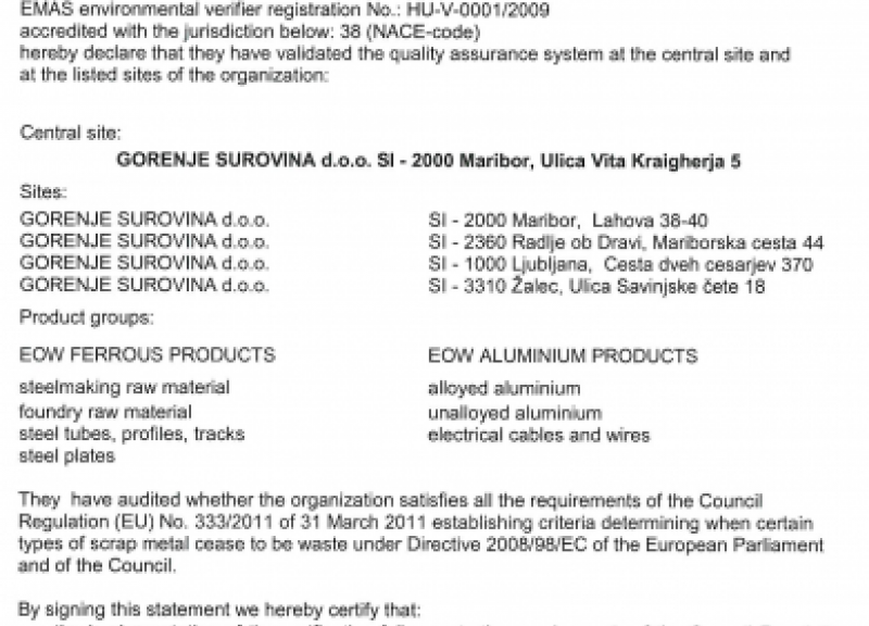 Gorenje Surovina d.o.o. je s 1.12.2011 dobila Verifikacijsko listino po predpisu EOW